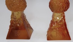 Liuligongfang Art Glass, Amber Ball Stem Square Base Glass 5 7/8″ Set of 2 CHIPS