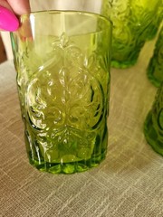 VTG Set 11 Olive Green Pressed Glass Tumblers 4″ Floral Scroll Rocks Juice Glass