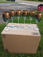 Murano Prezioni Italian Wine Glasses Blue/W 24k Hand Applied Accent Set Of 6 New