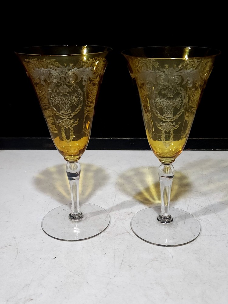 SET OF 2- RARE TIFFIN ARCADIAN TOPAZ YELLOW ETCHED BASKET 7 3/8″ WATER GLASSES