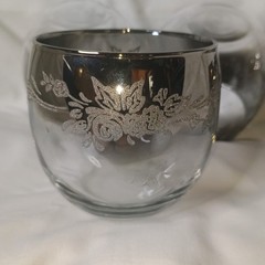 Vtg MCM Queens Luster wear Silver Fade Roly Poly Glasses Floral Rose Set Of 4
