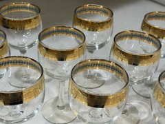 Set of 11 Vintage Wine Glasses Antique Gold & Turquoise Rimmed Barware – Crystal