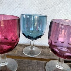 Vintage Iridescent Blue Purple Ruby Bartlett Collins Thumbprint Goblets Set of 3