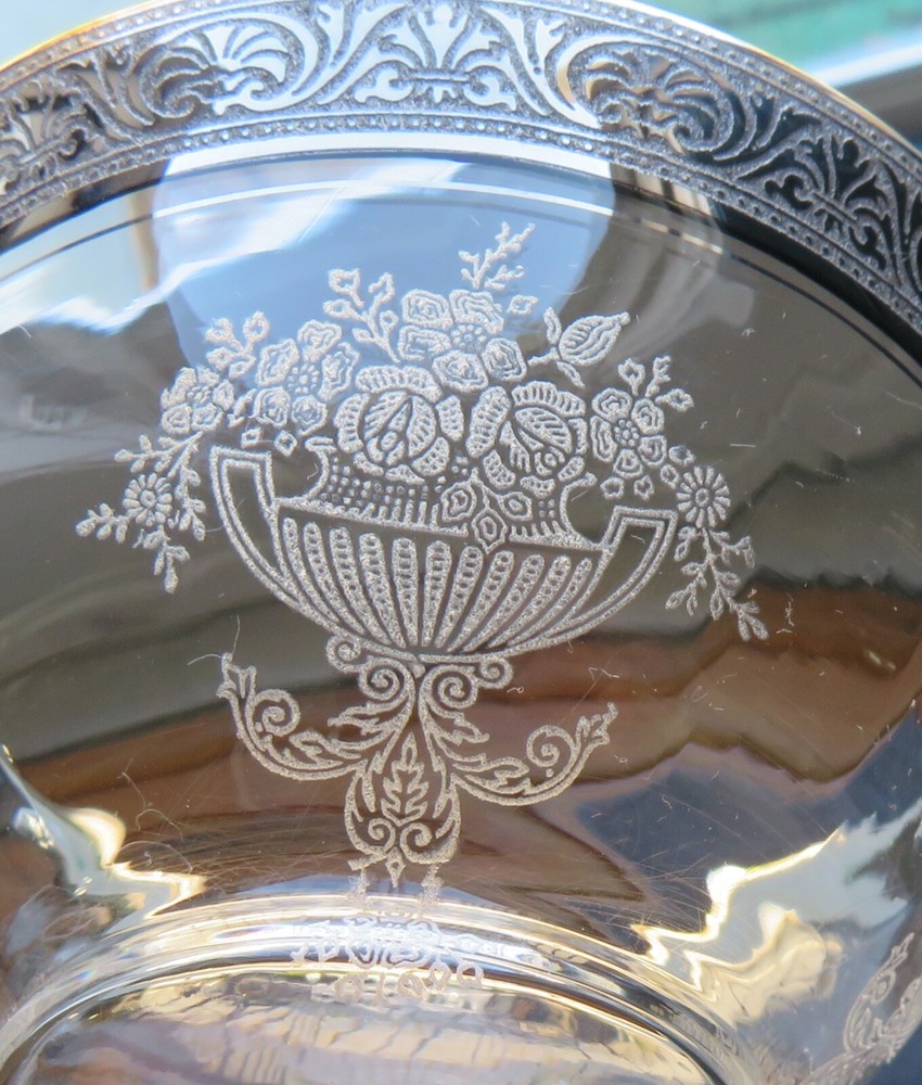 Vintage Elegant Etched Crystal Champagne / Sherbet Stem with Silver Rim