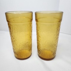 Vintage MCM Kerr Amber Textured Bark Glass Tumblers 16 oz. Set Of 2