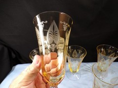 Set of 5 Fostoria Topaz Yellow Glass Trojan Ice Iced Tea Goblets Footed Tumblers