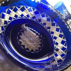Edo Kiriko Cut Glass Serving Plate and Glass Set Cobalt Blue Japan