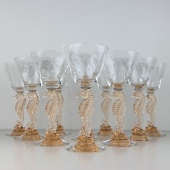 Rare Set Of 10 HEISEY Amber Swirl Optic CRYSTAL SEAHORSE COCKTAIL GLASSES 7″