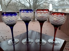 Wine Hocks & Water Goblets Cobalt Blue & Red Cut to clear Crystal Glass Diamond