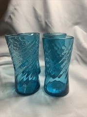 Hand blown swirl Blue 4 Glasses with Bubbles & Rough Pontil Mark B39