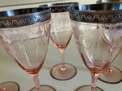 ANTIQUE RARE CAMBRIDGE GLASS 701 STERLING SILVER ENCRUSTED RIM PINK WINE STEMS