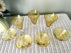 7 vintage Tiffin Arcadian Art Deco Topaz Etched Basket Design Footed Glasses