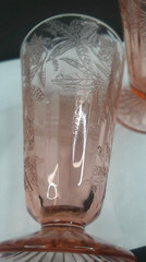 Jeannette Glass, Floral aka Poinsett, Pink, Tumblers, 4-Footed, c 1931-35, ExCd