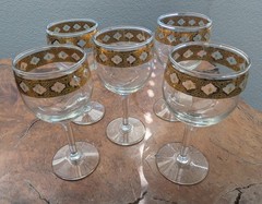Culver Tyrol Valencia MCM Blown Glass Wine Glasses 22k Gold Regency Set Of 5