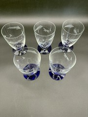 Set of Five (5) Weston Louie Cobalt Blue Base Fern Etched Juice Glasses