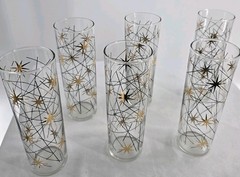 Mid Century Atomic Starburst Tom Collins Glasses Set Of 6 Vintage Barware