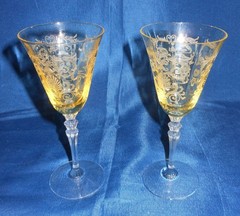 Vintage Fostoria Versailles Topaz 5-7/16″ Aperitif Glasses Set of 2 Etched RARE