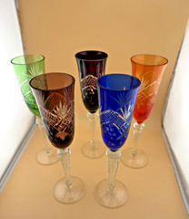 Set of 5 – Champagne Flutes Bohemian Czech Colored Cut Crystal 9.25″