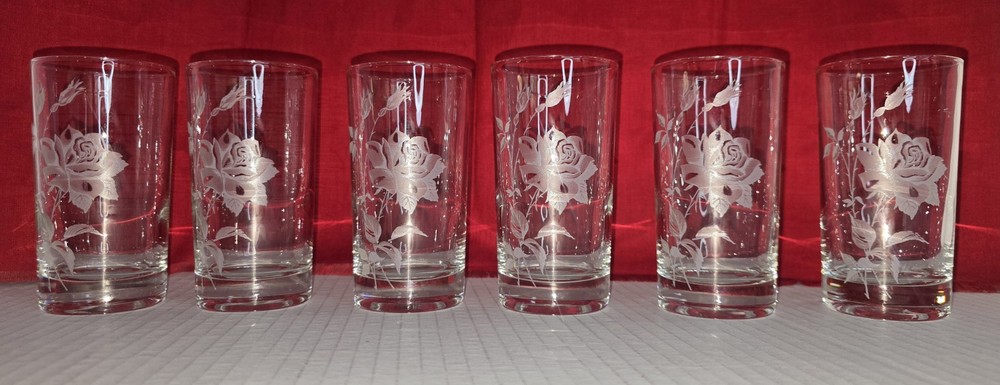 Set of 6 Vintage Libbey Rose Bouquet Glass Tumblers 4 ⅝ In MCM