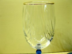 6 Libbey CRYSTAL BLUE Water Goblets Drape Optic Clear Bowls Blue Stems Gold Trim
