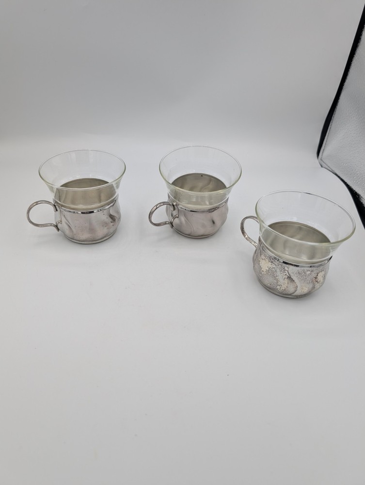 Vtg Borosilicate Glass Cup Set (3) W/ Swirled Metal Base Jenaer Glas Otto Schott