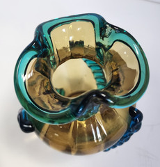 Antique Moser Portieux George Sand Blown Glass Vase Amber Teal Applied Serpent 5