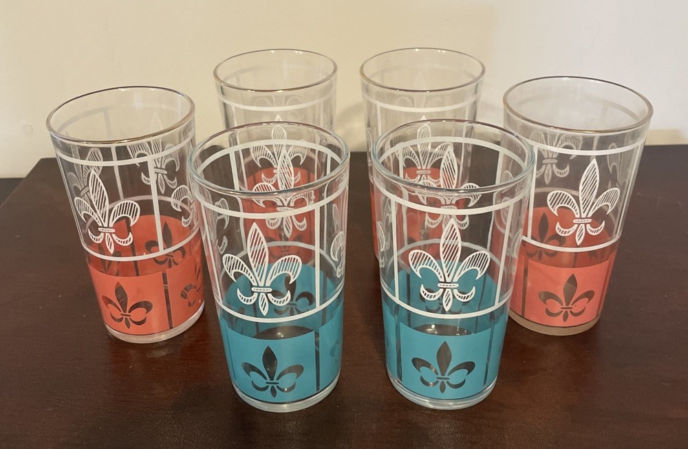 VINTAGE SET OF 6 MCM ANCHOR HOCKING CHANTILLY GLASSES 2/TURQUOISE 4/PINK