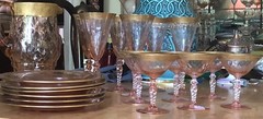 Vintage Art Deco Floral Gold Rim Stem Set 19 PC Gilt Antique Coupe Glasses Wine