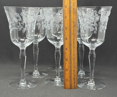 6 Vintage Etched Floral Water / Wine Goblet Glasses