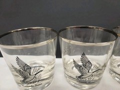 Vintage MCM Sportsman Series Low Ball Glasses Game Bird With Silver Rims