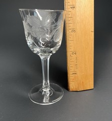 Vintage Etched Crystal Cordial Glasses Floral Faceted Hexagon Stem Set of 4 READ