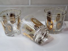 Vintage Set of 3 Gold Royal Ladies Portrait Cocktail Rocks Glasses Barware MCM