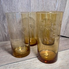 🧡Vintage Amber Floral Etched Glasses– Set of 4 –Mid-Century Barware / Drinkware