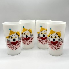 Hazel Atlas Milk Glass Clown Face Tumbler Cup Glass Set Of 4 Vintage 12oz