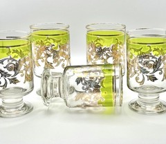 Vintage MCM Highball/Rocks Glasses (5) Green Gold Gilt Leaf Design Footed 1970’s
