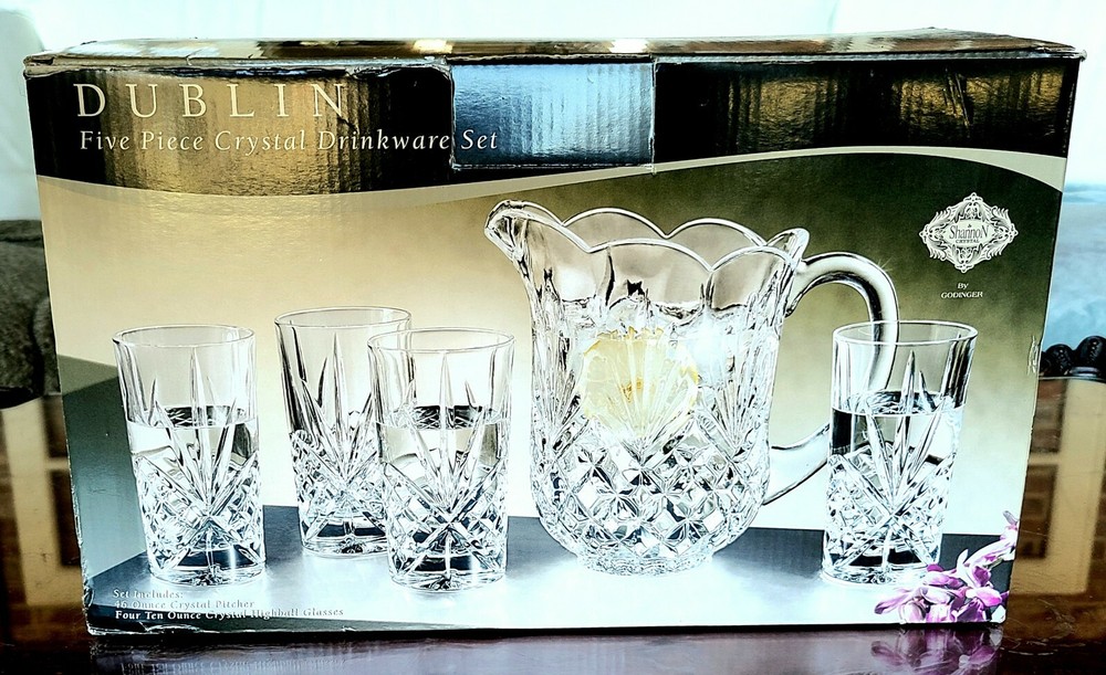 5-Piece Godinger Shannon Crystal Dublin Drinkware Set Highball Glasses Pitcher!