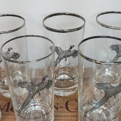 Set Of 8 Vintage Silver Rimmed Federal Glass Wild Game Bird Pheasant Glasses