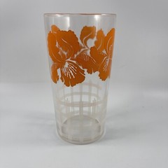 Vintage MCM Clear Juice or Water Glass With Orange Irises & White Fence