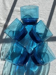 Vintage Anchor Hocking Blue Flair 3” Rocks Glasses Lot Of 5 Stackable Aqua