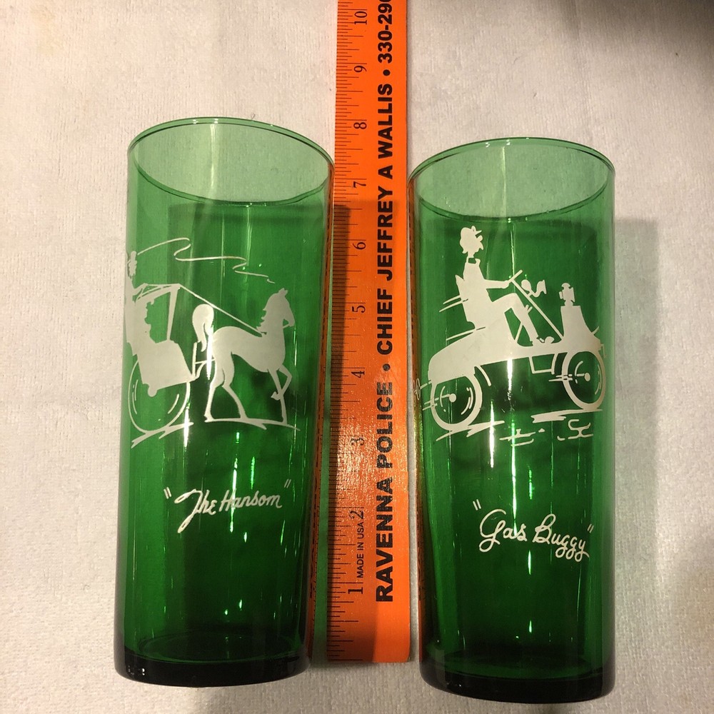 2 Vintage Anchor Hocking Forest Green Glasses THE HANSOM» & the “GAS BUGGY» EUC