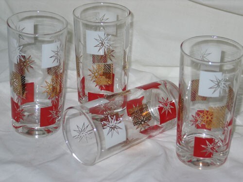 4 Vintage Atomic Starburst Drinking Glasses – Red White Gold