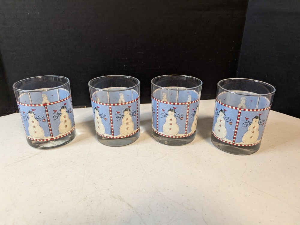 Vtg Anchor Hocking Debbie Mumm Snowman Set 4 Rocks Glasses 4” Blue White 1998
