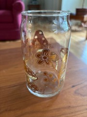 5.25 Inch Tall Clear Glass Tumbler or Vase with Gold and White Mushrooms