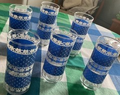 6 Vintage Anchor Hocking Tall Drinking Glasses Blue & White Polka Dots & Lace