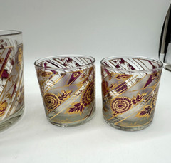 VTG Culver Gold Red Chrysanthemum Rocks Glasses Set of 4 With Ice Bucket Barware