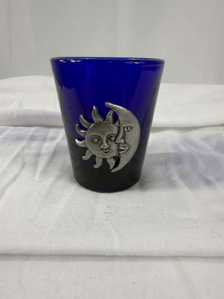* RARE* Vintage Cobalt Blue Libby Celestial Moon Sun Stars Shot Glass Metal
