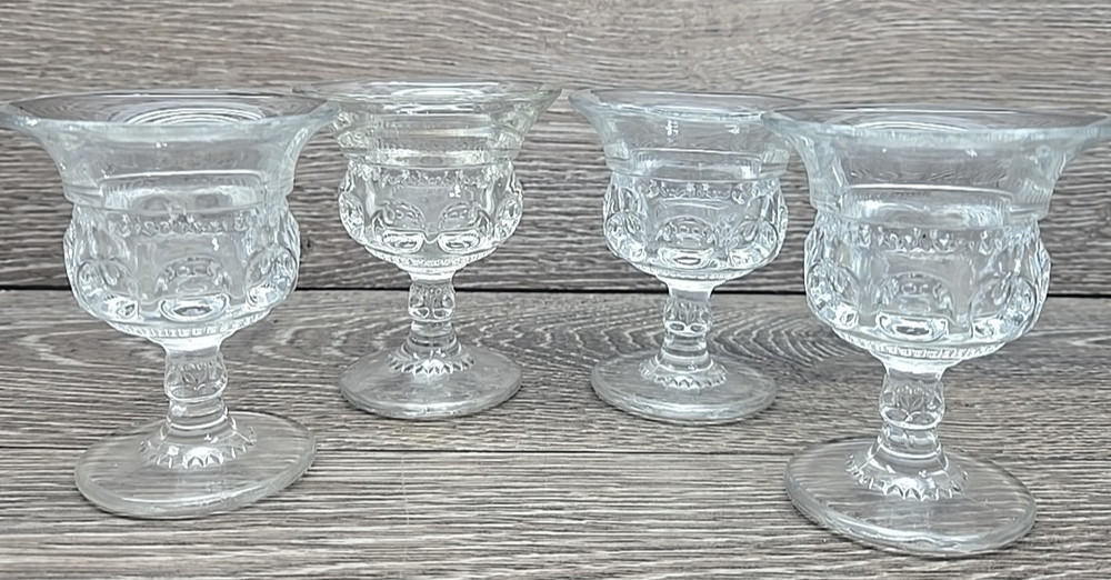 4 Tiffin-Franciscan King’s Crown Clear Glass Thumbprint Cordial 3.5″ VTG
