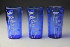 VTG Hazel Atlas Cobalt Blue Windmill Ice Bucket & 3 Flat Tumblers w/ Flags