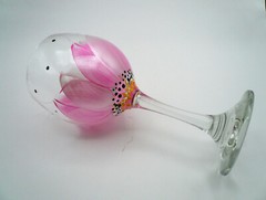Artist JAN BEADLING Hand Painted ~ PINK FLORAL ENAMEL ACCENTS ~ 4 Wine Glass