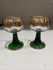 2 Luminarc Green Beehive Stem Grapevine Roemer Wine Glasses with Gold Rim EUC